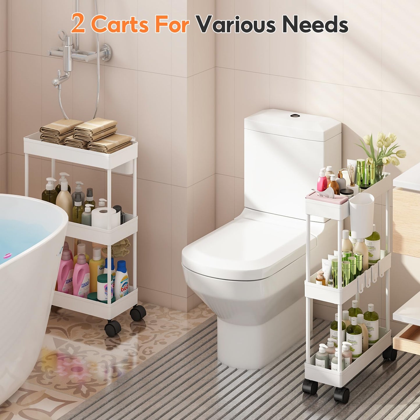 Shrivee Kitchen Cart with 3 Tiers, 2 Pack Narrow Bathroom Cart with Wheels, Plastic Basket and Metal Tube for Small Space Storage, Bathroom, Laundry