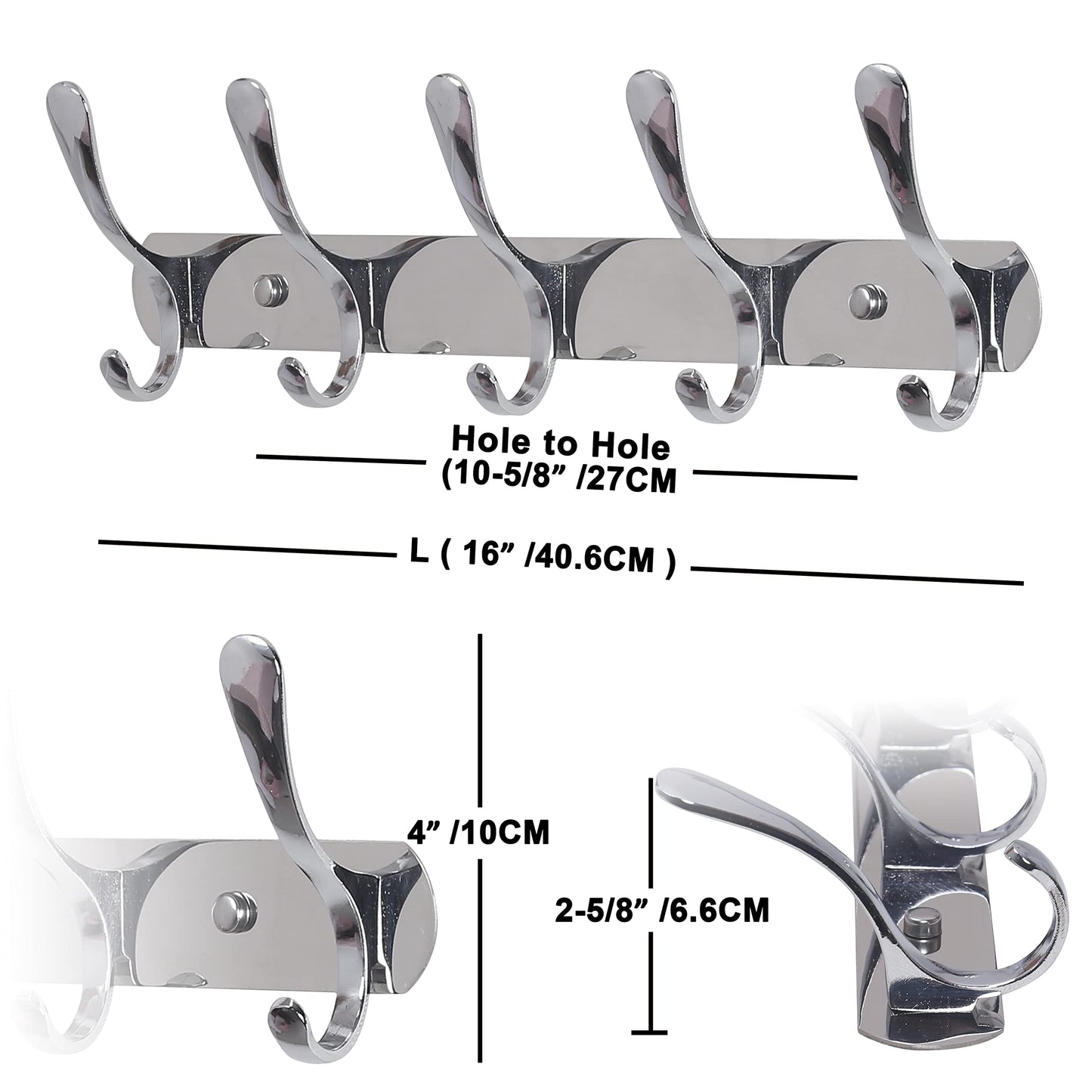 SKOLOO Coat Rack Wall Mount - Modern, Metal Wall Coat Rack with 5 Hooks, Pack of 2, Sturdy Wall Hook Rack Rail for Hanging Coat, Jacket, Clothes, Hat