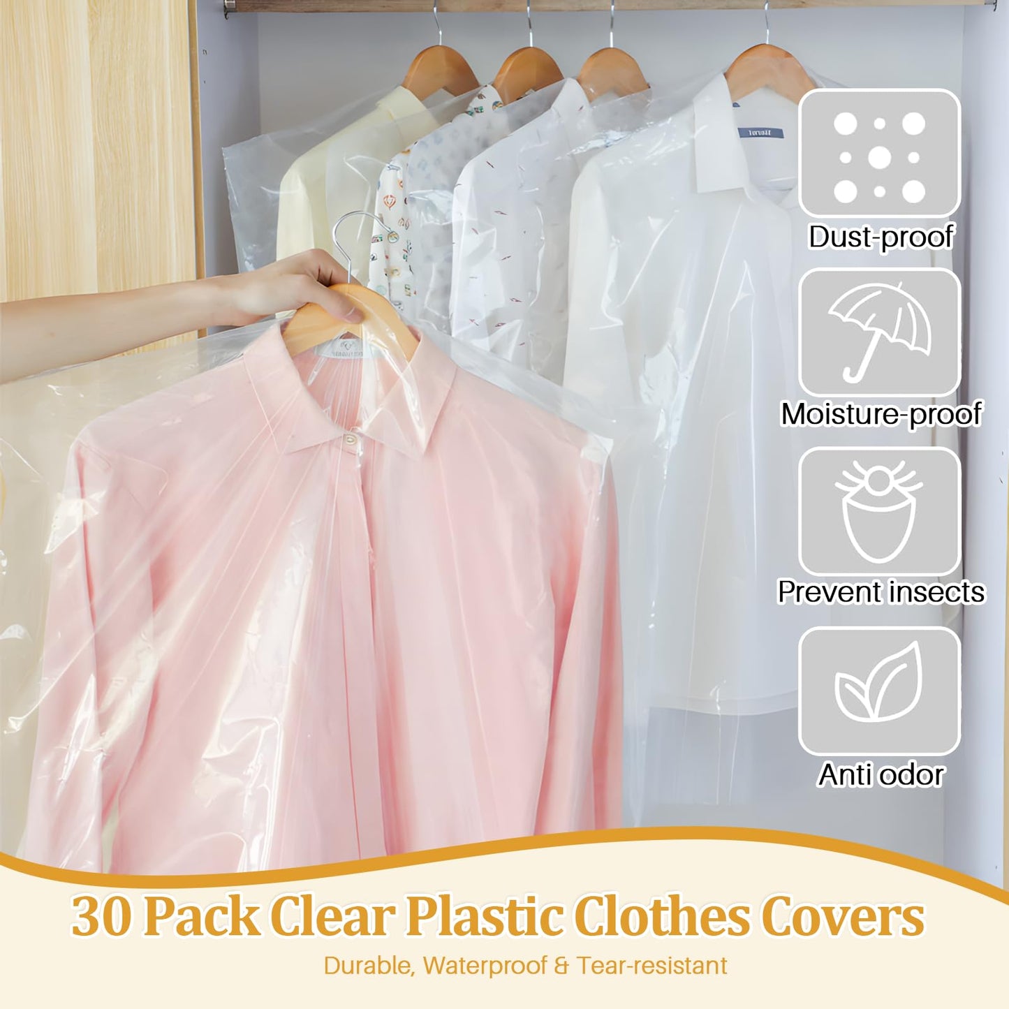 atnayo 30 Pcs Plastic Clothes Covers, 60 cm x 90 cm Clothes Covers Protector Bags for Dress Dust Proof Dry Cleaning Closet Storage
