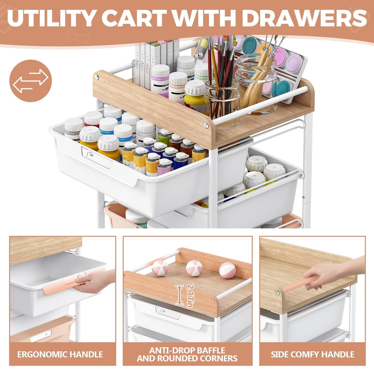 SYKIARIOL 4-Drawer Storage Trolley Rolling Cart, Pearl