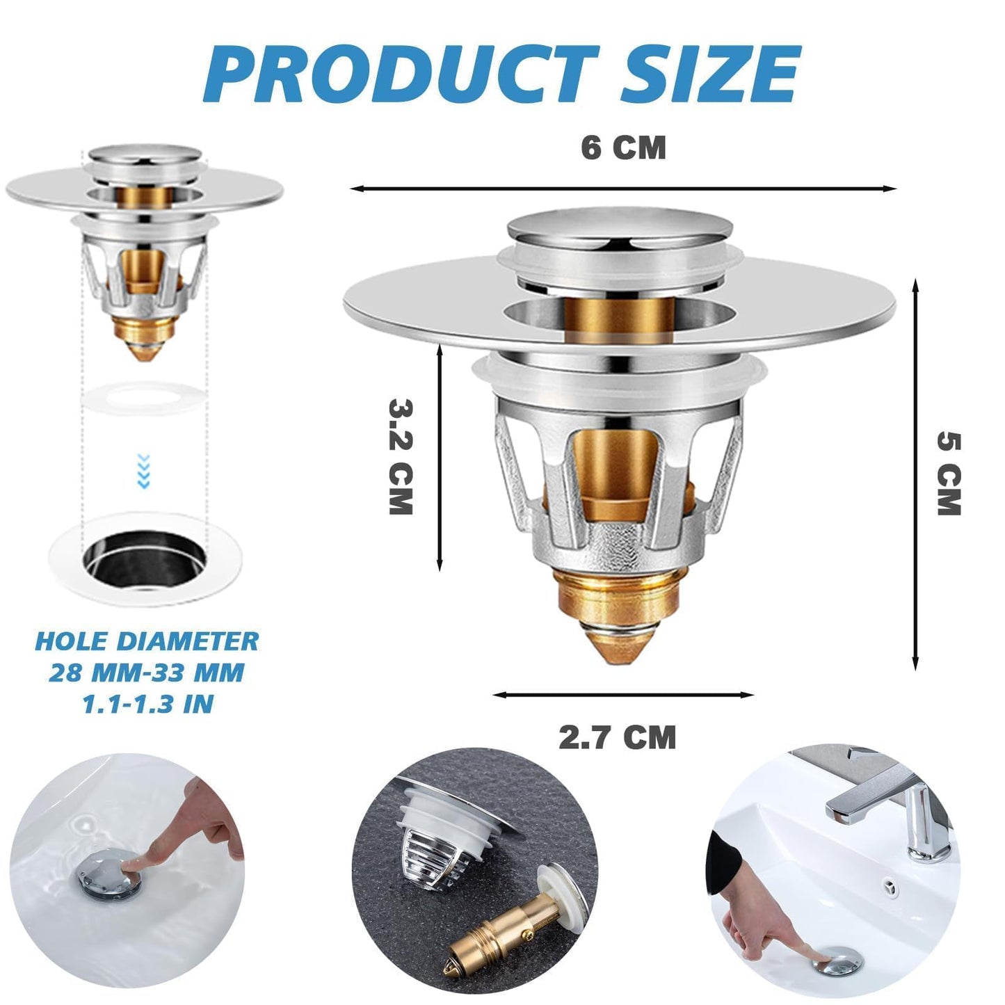 Sink Plug Replacement, Universal Bathroom Sink Plug, for 33-40 MM/28-33 MM, Pop Up Sink Hole Plug Cover with Strainer