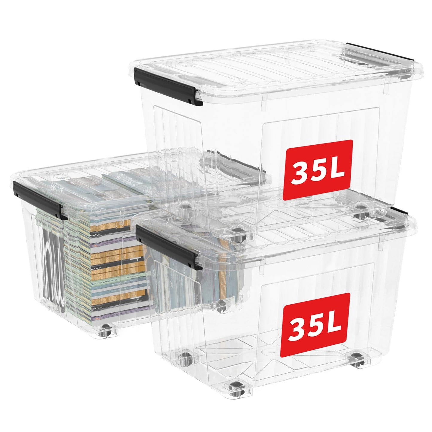 Cetomo 35L*3 Plastic Storage Boxes with Wheels, Lidded Storage Box with Secure Side Latches, PP Nestable and Stackable Clear Organizer for Home