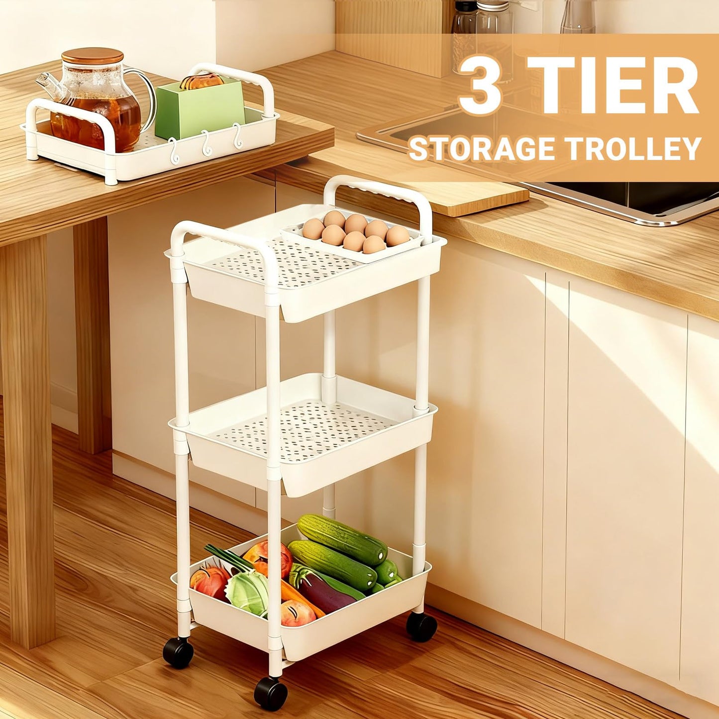 3 Tier Storage Trolley Cart Rolling Utility Storage Cart Kitchen Trolleys Bathroom Storage Shelves with 3 Hooks Plastic No Screws Needed for Living