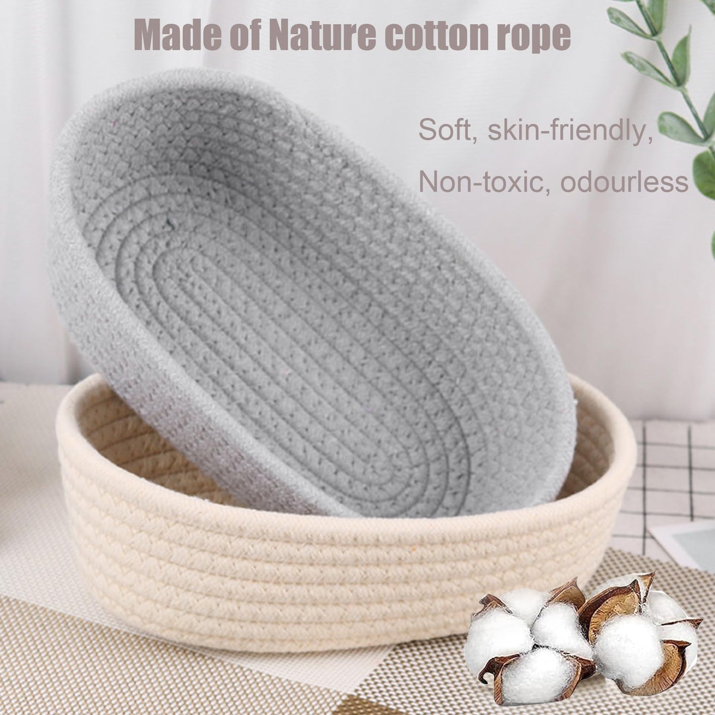 Spesh Cotton Rope Storage Baskets, Set of 3 Woven Shelf Baskets Oval Cotton Storage Boxes Empty Hampers Organiser Bins(Grey)