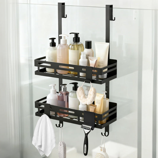 MDDK DY Shower Shelf No Drilling Black, Hanging Shower Caddy for Glass Doors, Bathroom Shelf with 2 Baskets, 4 Fixed Hooks, 2 Movable Hooks, and Wiper
