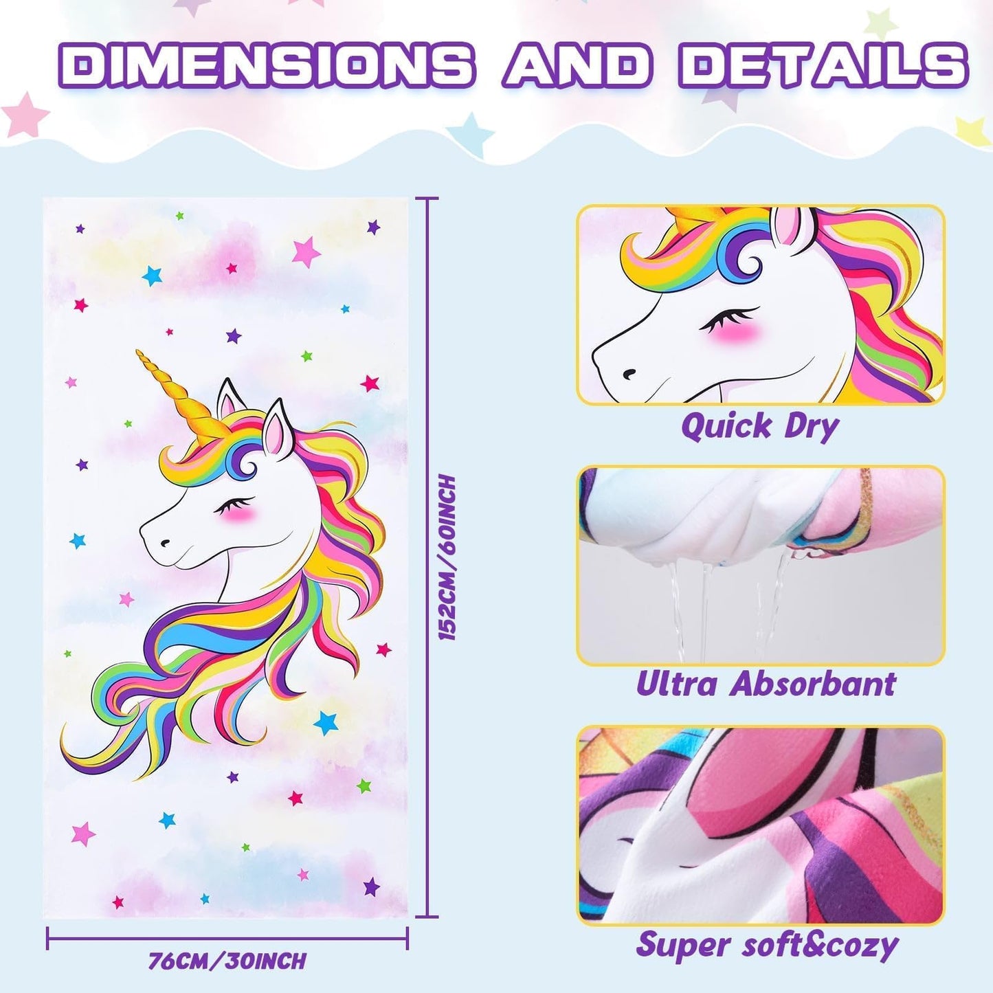 WERNNSAI Unicorn Microfibre Beach Towel for Kids, 76 x 150cm Bath Towel