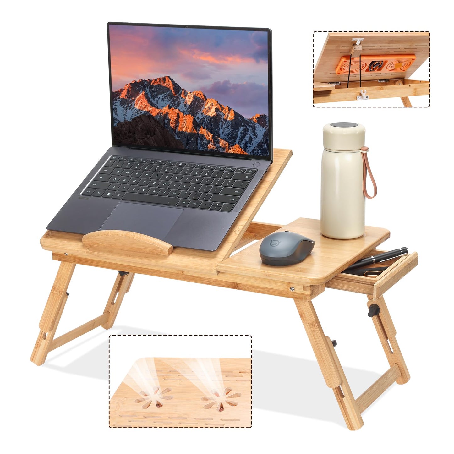 Adjustable Bamboo Laptop Desk with Cooling Fan, Foldable Bed Tray for Breakfast, Writing, and Drawing, with Tilting Top and Drawer