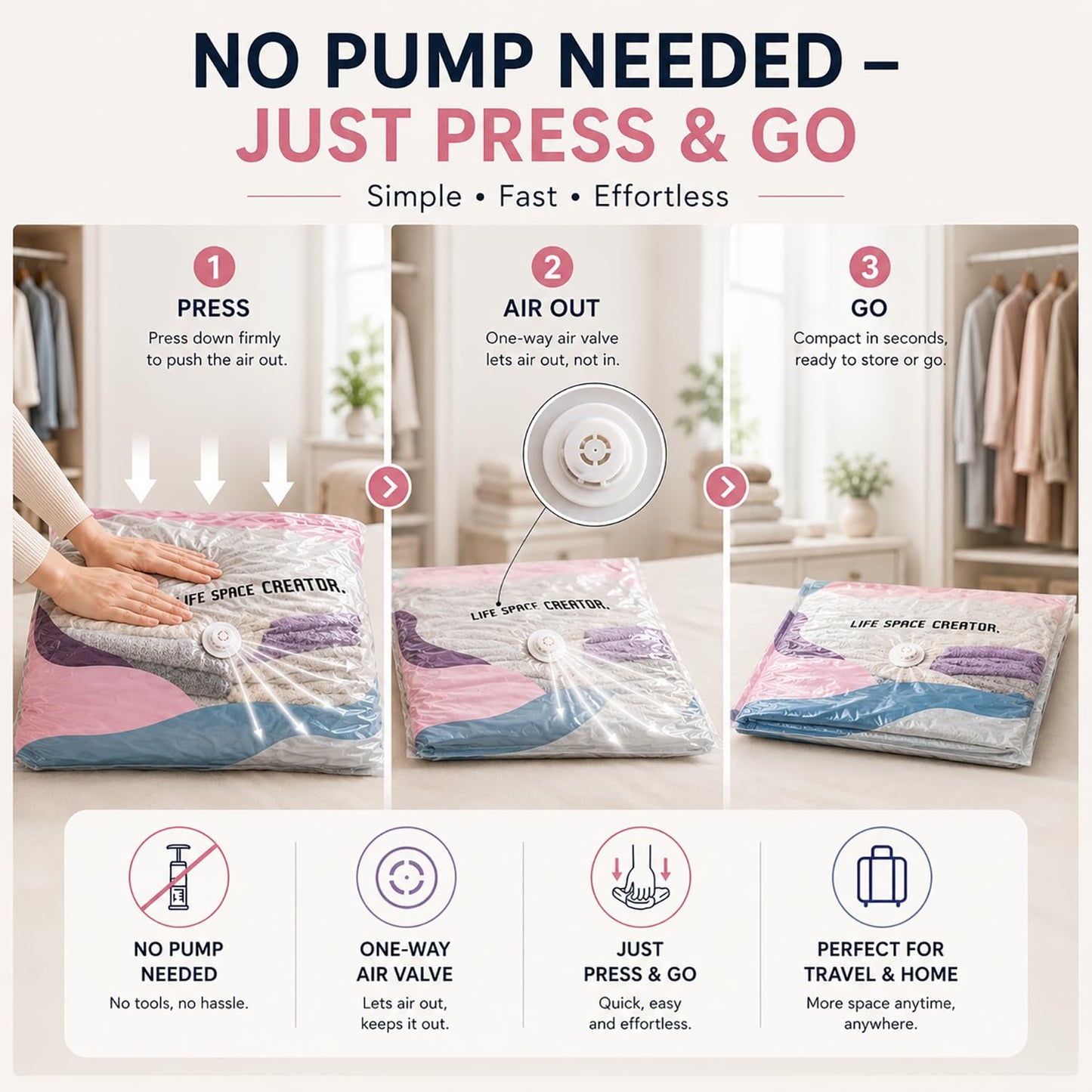 MARKIVO No-Pump Vacuum Storage Bags, Medium 2 Pack, Heavy Duty 7-Strand Nylon Space Saver Bags, Press & No Pump Needed Space Saver Bags for Duvets