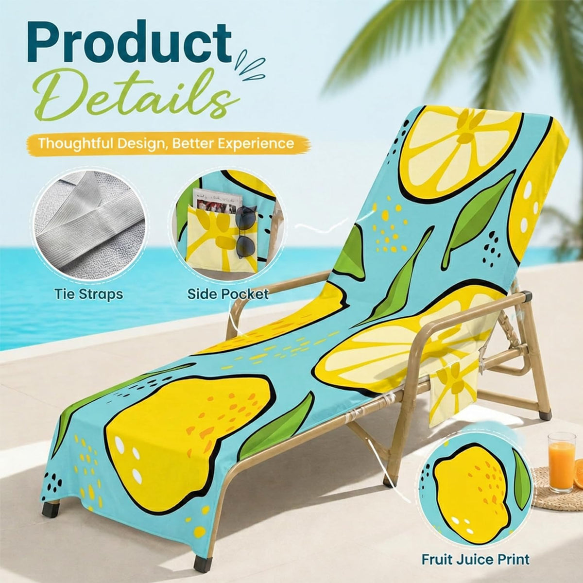 Surwin Sun Lounger Towel with Pockets, 3D Juice Print Quick Dry Beach Towel, Microfiber Sunbed Towels Travel Lounger Bag for Loungers Summer Holiday