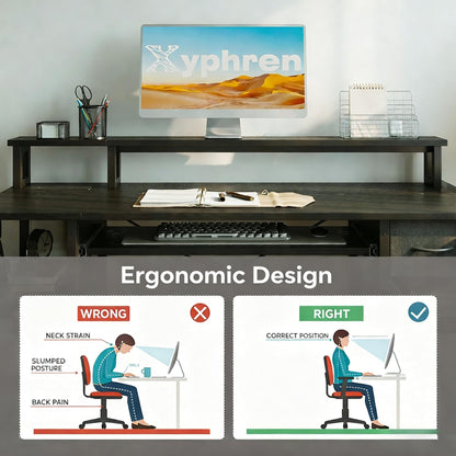 Xyphren Computer Desk with Drawers, Office Desk with Keyboard Tray with Power Outlet & Monitor Stand
