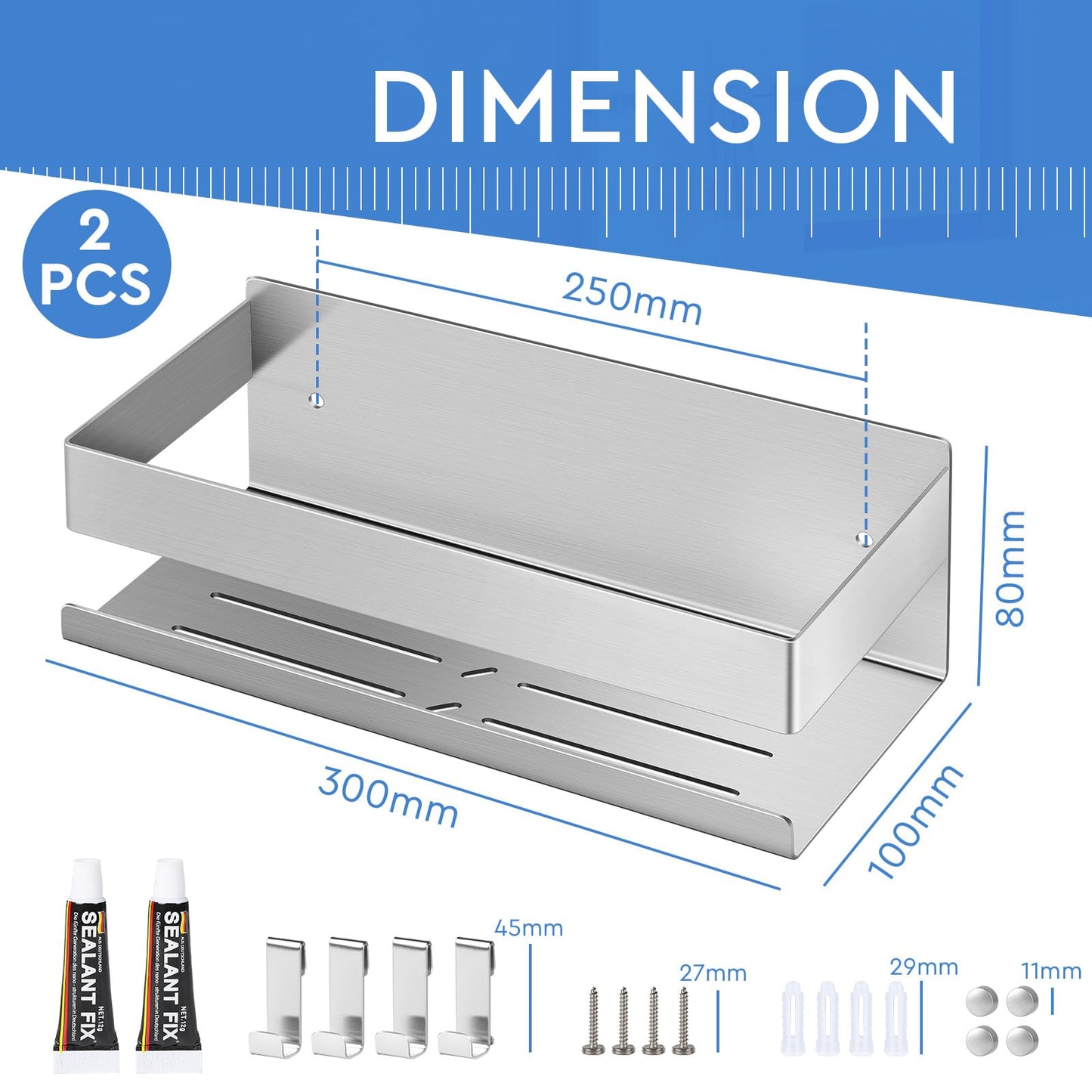 EXLECO 2 x 30 cm Shower Shelf No Drilling Shower Shelf Wall Stainless Steel Bathroom Shelf with 8 Hooks Shower Basket for Drilling Bathroom Shelf