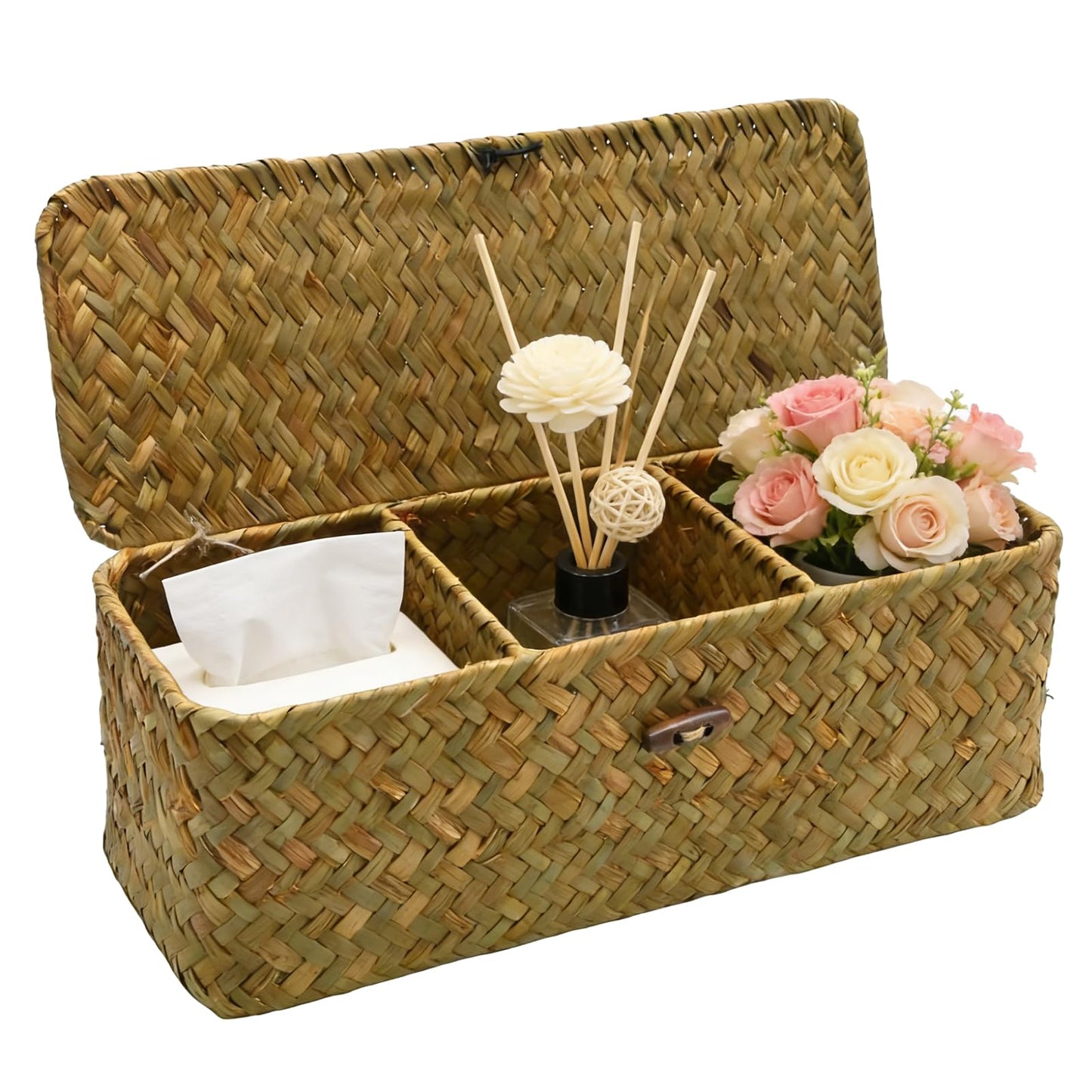 Ollanoos Seagrass Storage Basket with Lid, Rectangular Woven Organizer with 3 Compartments, Ideal for Snacks Toys and Bathroom Essentials