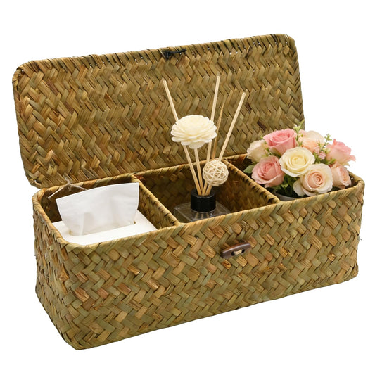 Ollanoos Seagrass Storage Basket with Lid, Rectangular Woven Organizer with 3 Compartments, Ideal for Snacks Toys and Bathroom Essentials