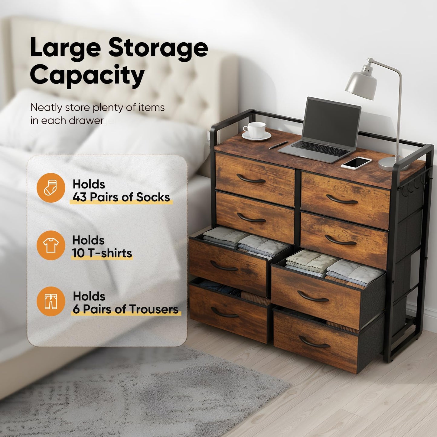 MAXLEAD Chest of Drawer with 8 Drawers, Large Capacity Storage Organiser Unit, Fabric Dresser for Bedroom, Living Room, Hallway - Brown