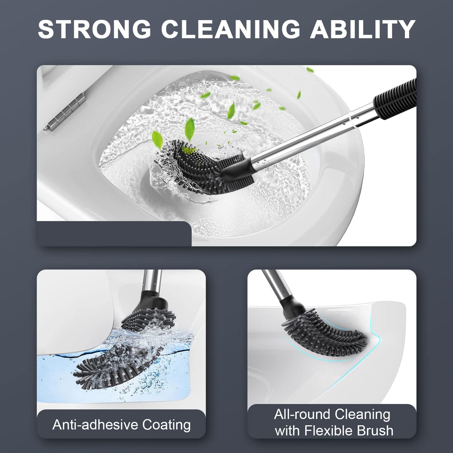 ASOBEAGE Silicone Toilet Brush: Flexible Head, Stainless Steel Handle, Wall-mounted, Quick-drying Holder for Bathroom Clean (Black)