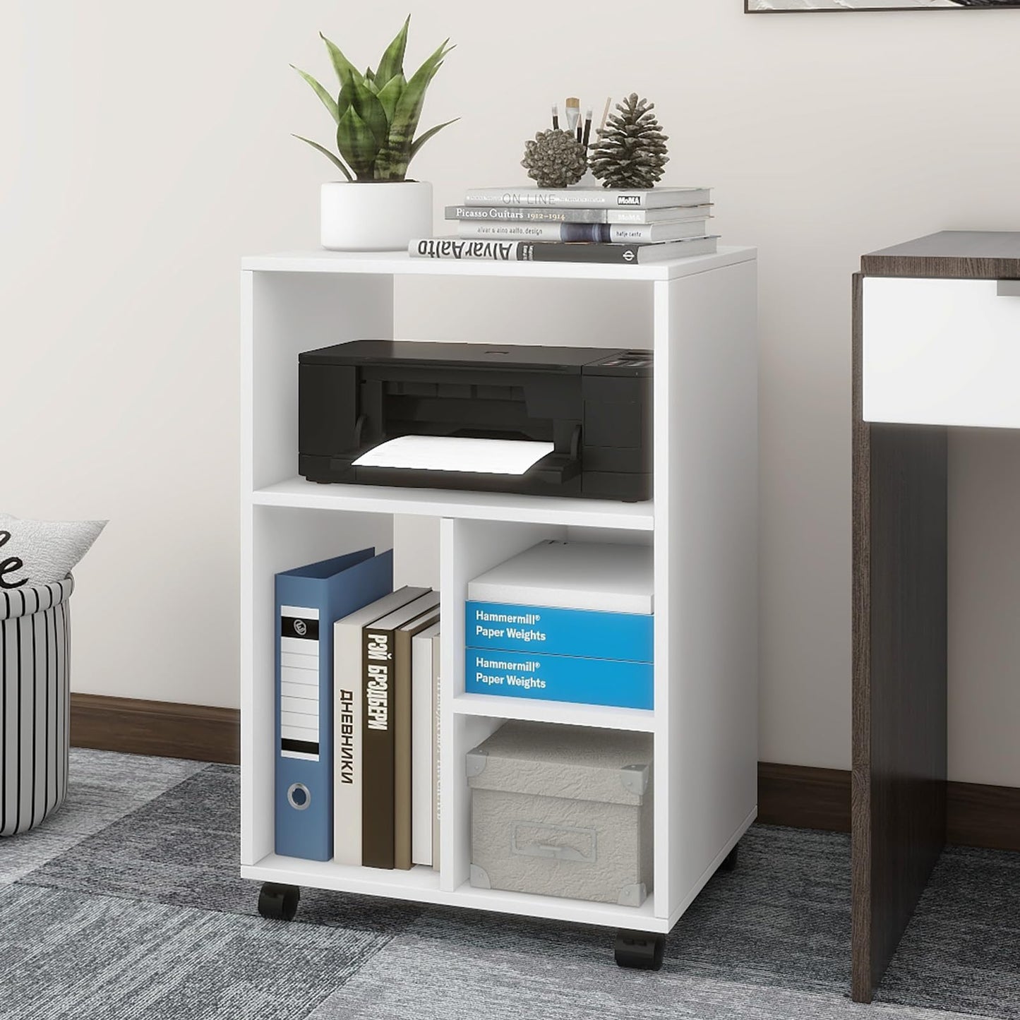 PUNCIA 50x40x75cm Mobile Filing Cabinet with 4 Open Compartments White