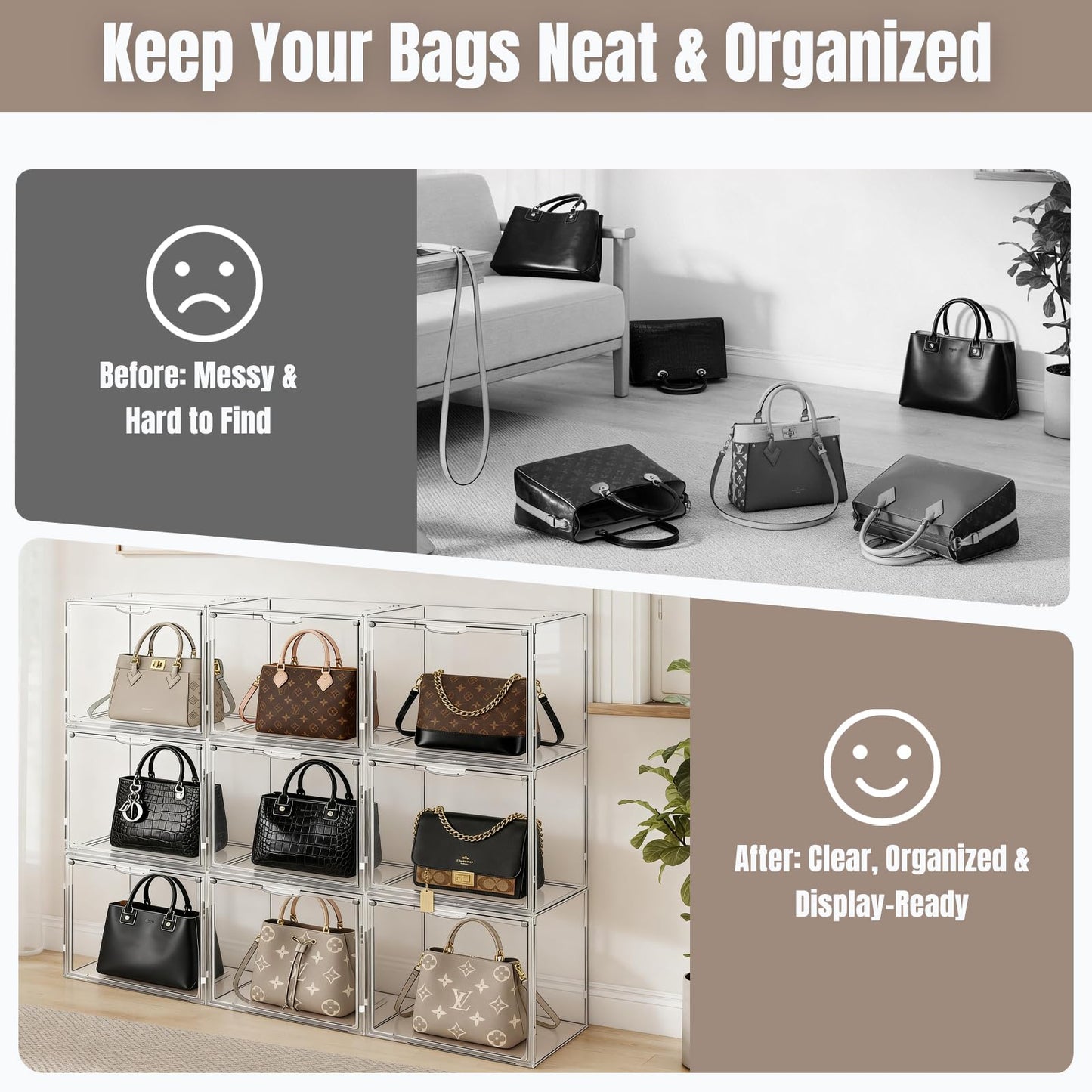 Cutora 6Pack Purse Organizer for Closet Clear Acrylic Display Case Handbag Storage Organizer Box with Magnetic Door Stackable Storage Bins with