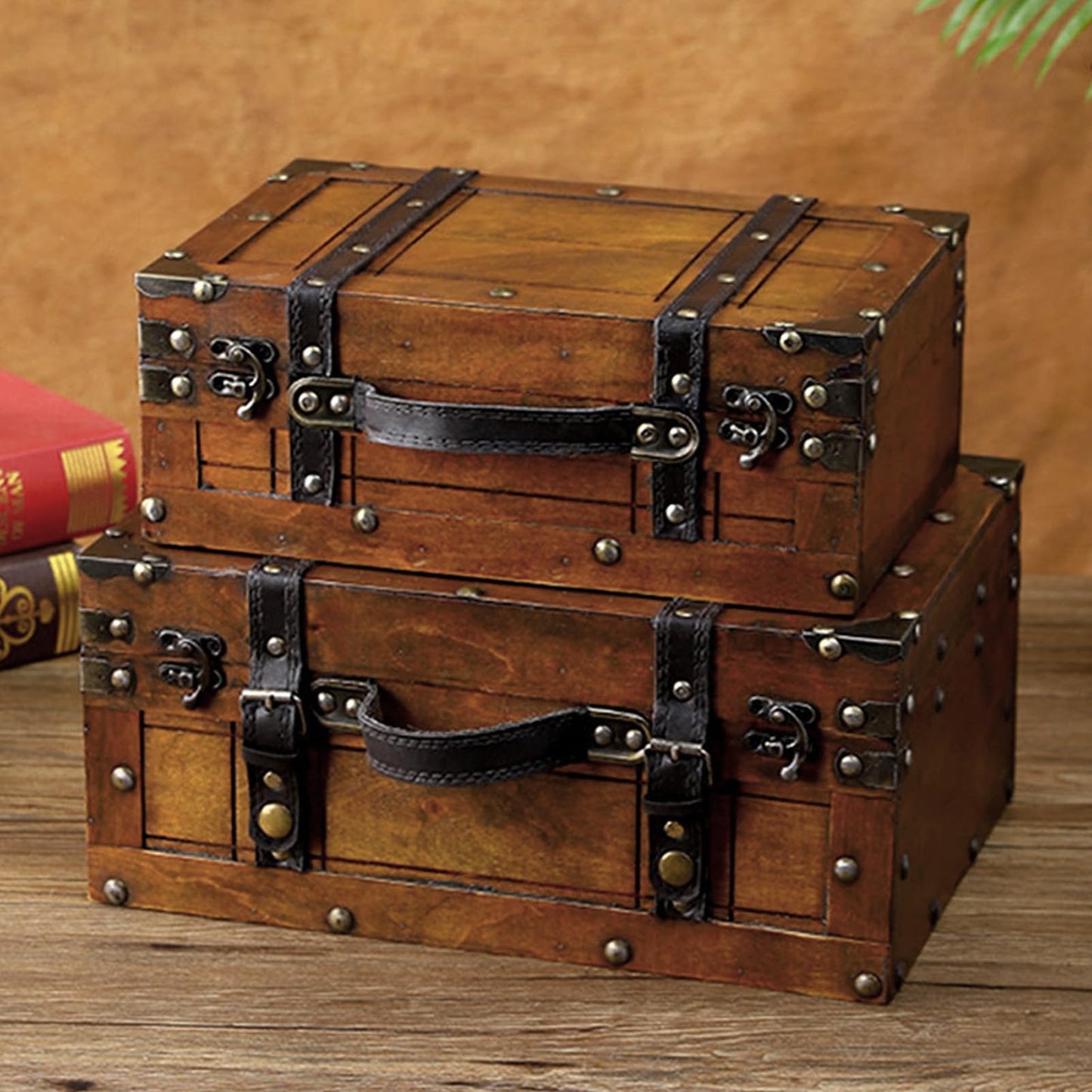 Fockety Pirate Treasure Chest Storage Box, 11-13in Vintage Wooden Treasure Chest with Hinged Lid