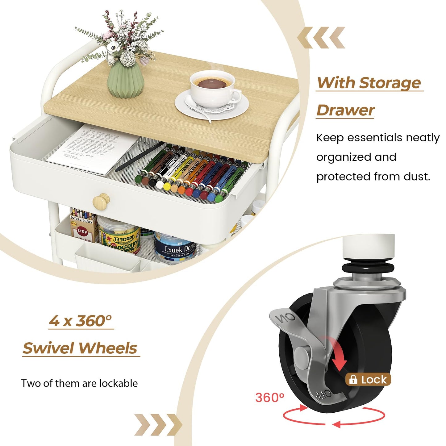 danpinera 3 Tier Rolling Cart, Metal Utility Cart with Wooden Table Top & Drawer, Rolling Carts, Storage Cart with Hanging Cups for Kitchen, Bathroom