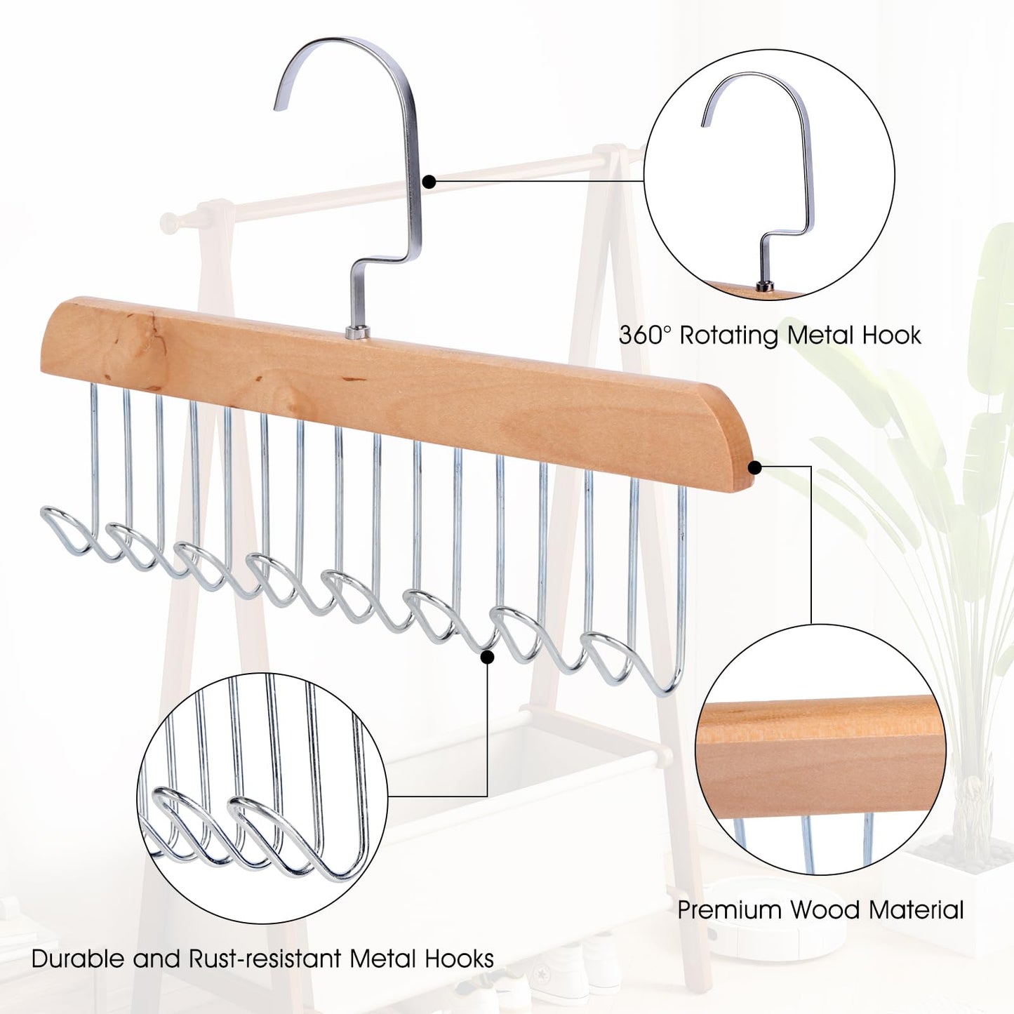 ICEBLUEOR 2 Pack Tie and Belt Hanger for Wardrobe - Anti-Slip Wooden Organiser With 8 Metal Hooks, 360° Rotating Space Saving Rack for Ties, Belts