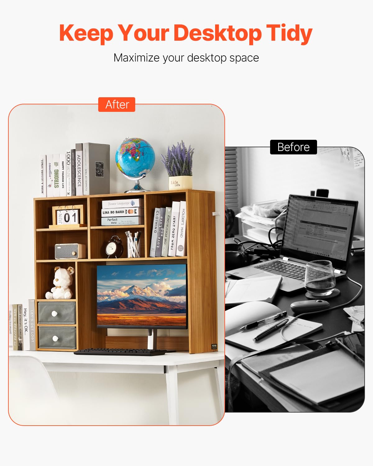 VEVOR Desktop Bookshelf, 3-Tier Wood Desktop Storage Organizer, 37" x 10" x 31.1" Office Storage Rack Wood Display Shelf