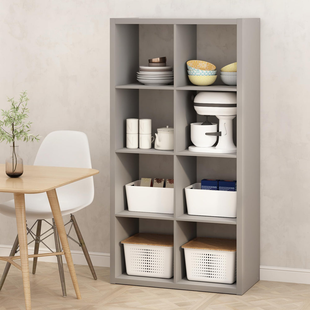Furinno HERMITE Kitchen Island, 8-Cube Coffee Bar, Kitchen Storage, Bakers Rack, for Pantry Organizers and Storage, Kitchen Organization, Pale Grey