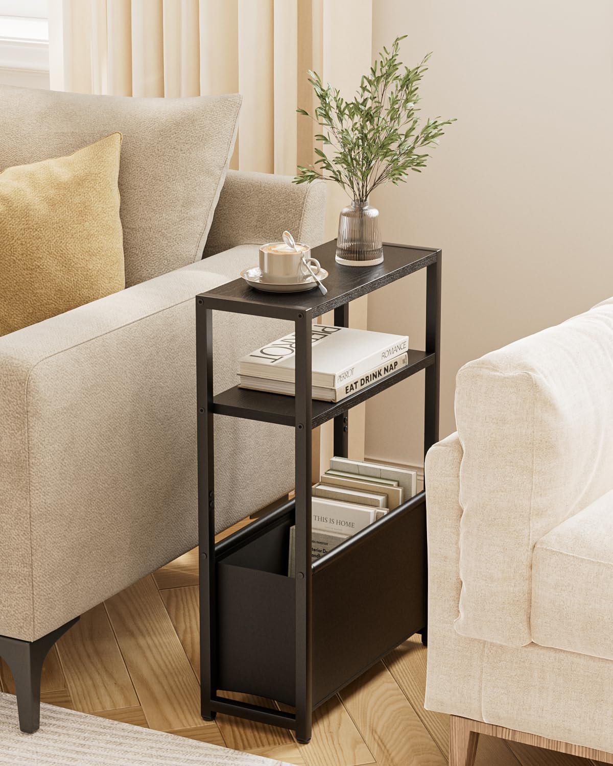 Apetaccat Narrow Side Table for Small Spaces, Small End Table with Storage Basket, Slim Bedside Table for Bedroom