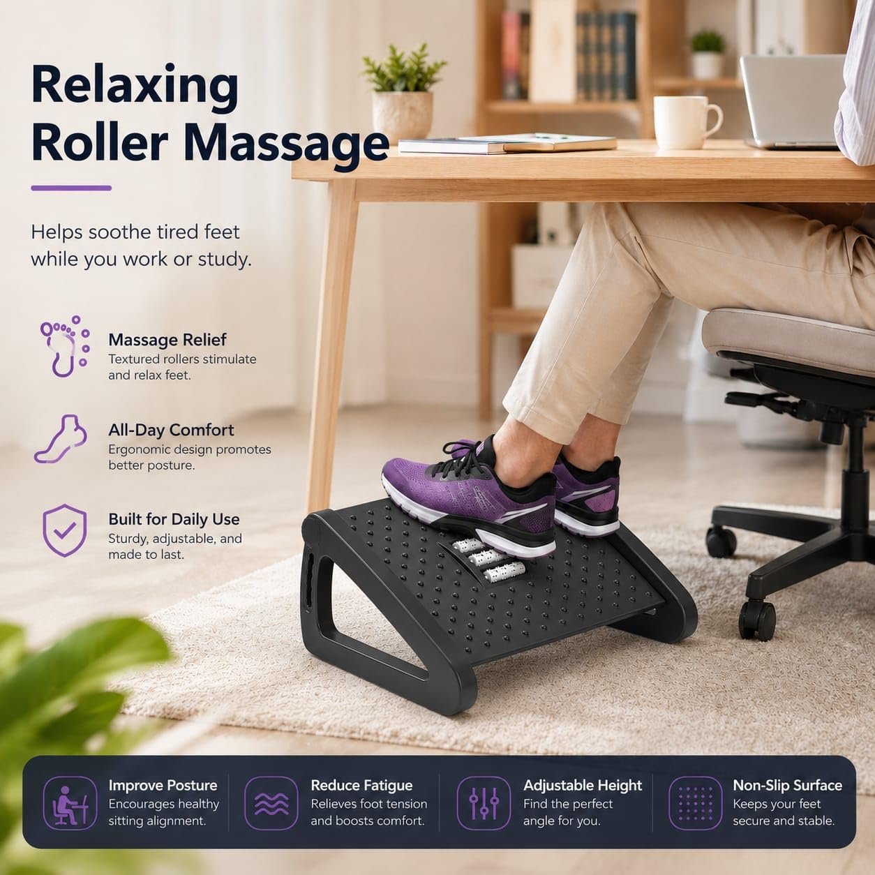 FootRest Under Desk- Adjustable Ergonomic Foot Stool with Massage Surface-Footrest for Office & Home-Desk Foot Rest for Foot Support-Leg Rest