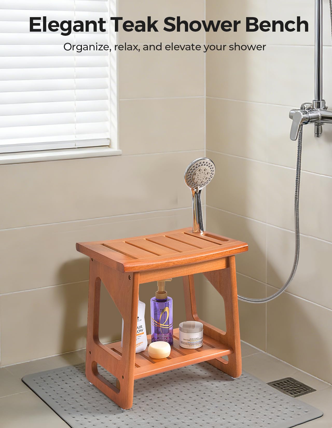 LyriFine Teak Shower Bench, Waterproof Shower Stool for Inside of Shower