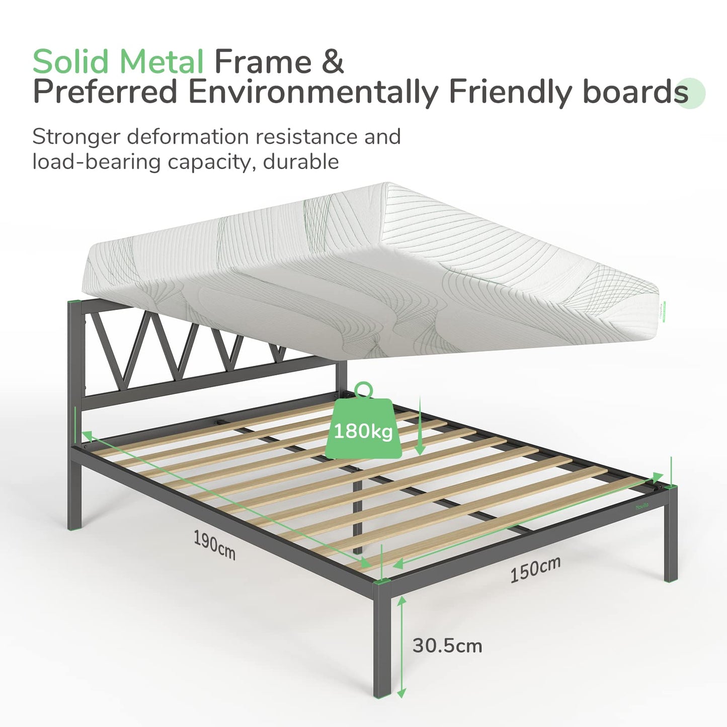 Novilla 30.5cm Metal Bed Frame, 5FT Platform Bed Frame with Headboard, Engineered Wood Slat Support, Solid Support Leg, Easy Assembly