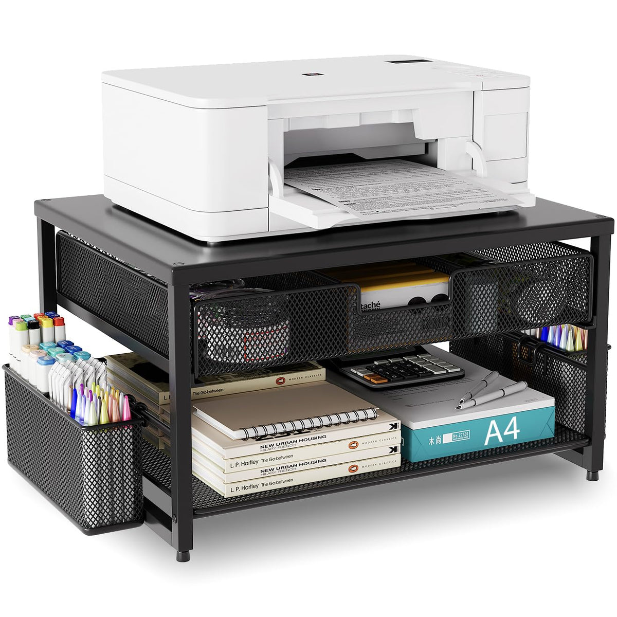BOKIOVIN Metal Desk Printer Stand with Storage Drawer and 2 Pen Holders, 2 Tier Desktop Printer Riser Shelf with Paper Holder Storage,Multi-Purpose