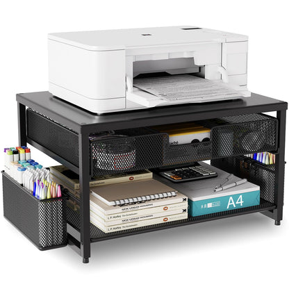 BOKIOVIN Metal Desk Printer Stand with Storage Drawer and 2 Pen Holders, 2 Tier Desktop Printer Riser Shelf with Paper Holder Storage,Multi-Purpose