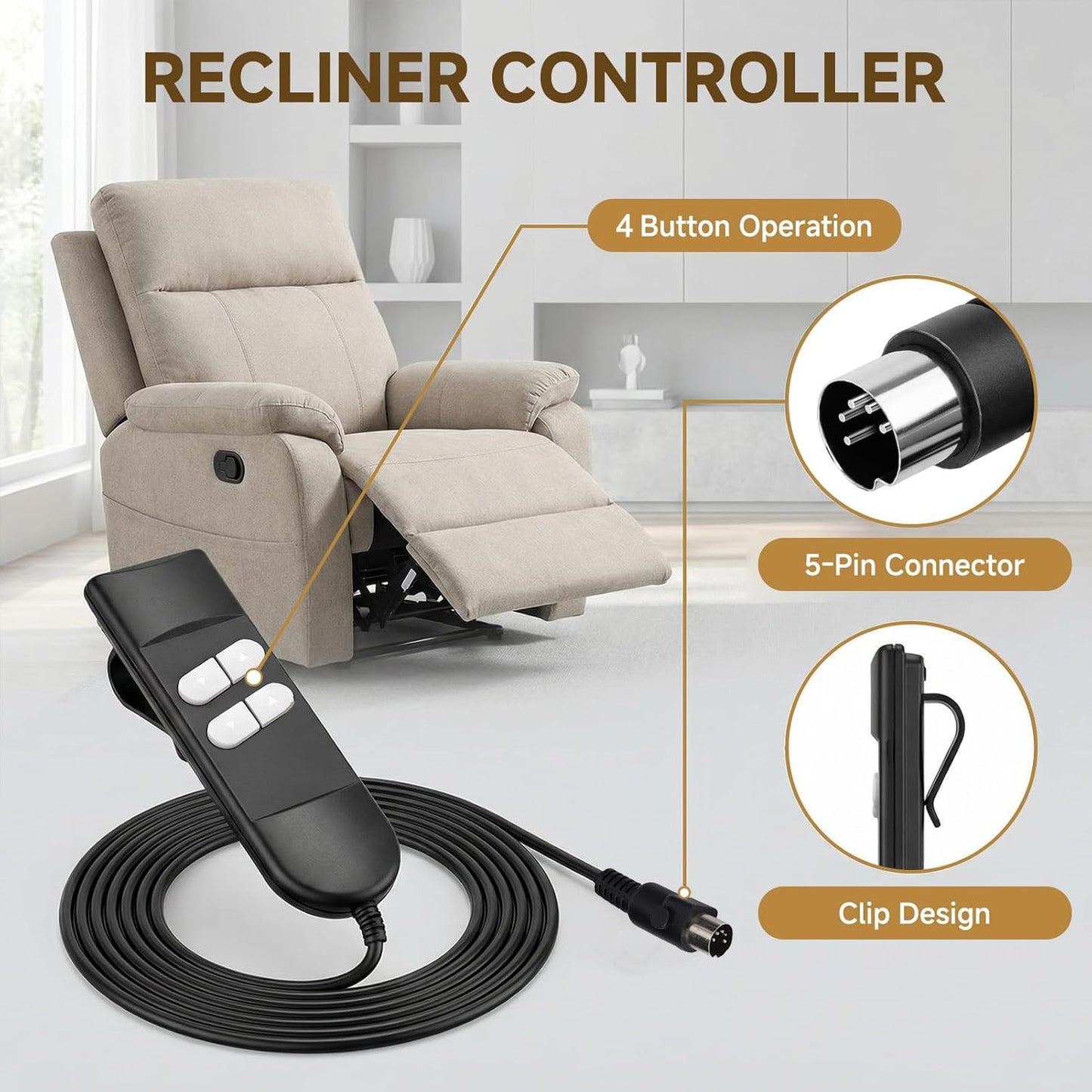 Fyearfly Electric Recliner Controller, 4-Buttons 5Pin Connector Universal Remote Hand Control Manual Controller Switch Replacement