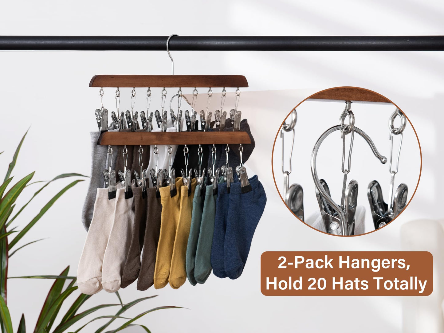 StorageWorks Hat Organiser, Wooden Hangers for Baseball Cap Storage, Set of 2 Cap Organizer with Adjustable Stainless Steel Clips, Fits All Caps
