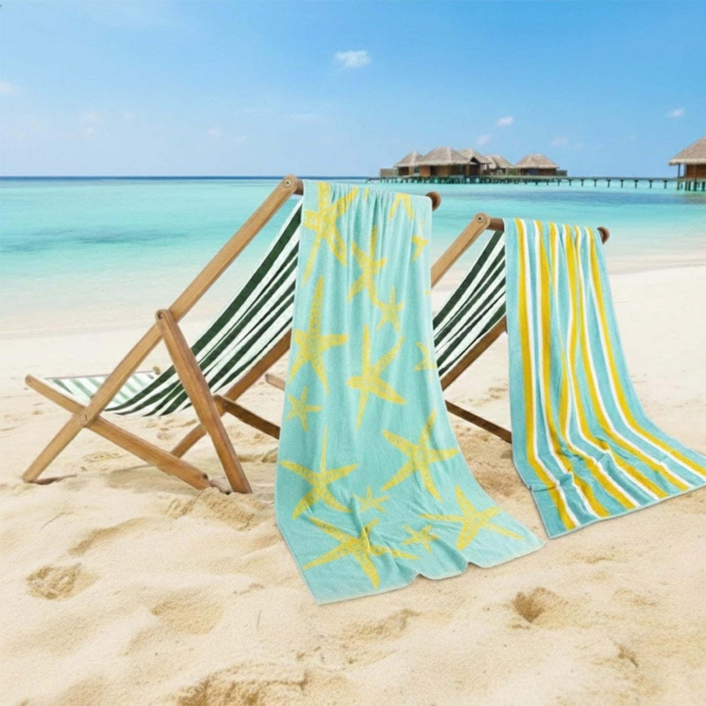 CASA COPENHAGEN Miami bath towels, set of 2, made of cotton, quick-drying and durable, 88 x 177 cm - Starfish Teal + Yellow striped
