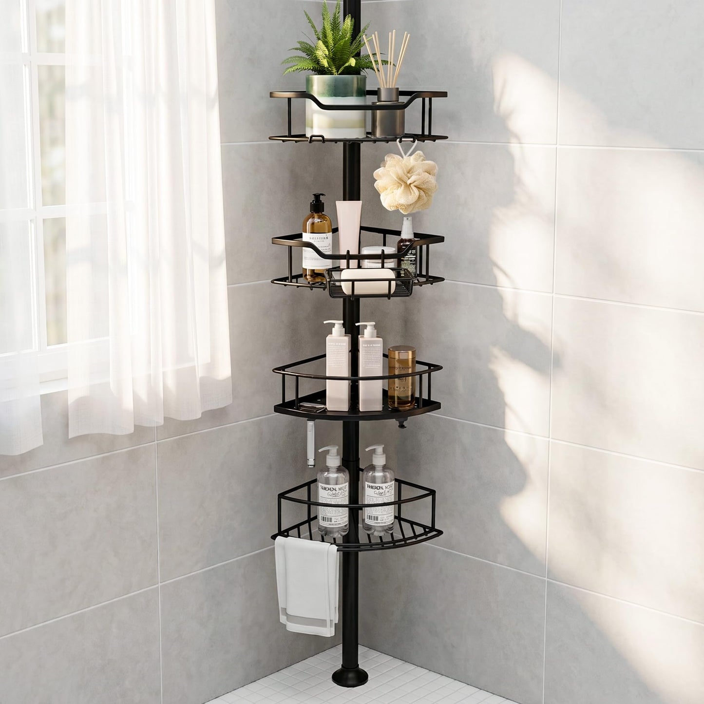 Purejoy Tension Pole Shower Caddy, 4 Tier Corner Shower Caddy with Soap Holder, Hooks & Towel Bar, Adjustable Telescopic Shower Shelves