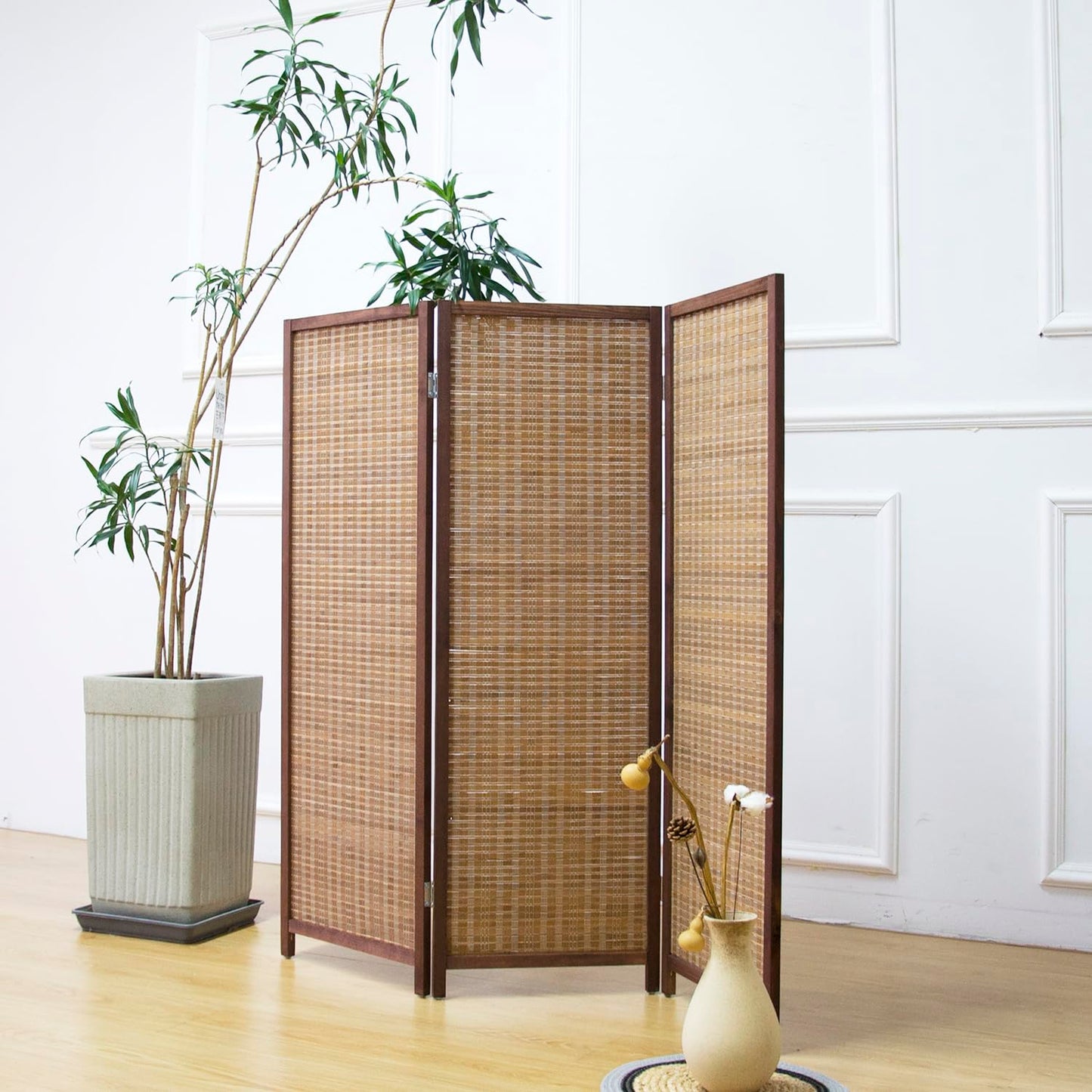 Furnnylane 3 Panel Bamboo Room Divider Short Folding Screen Divider,Double Sided Bamboo Divider Screen for Room Separation,Brown,120 cm H x 117 cm W
