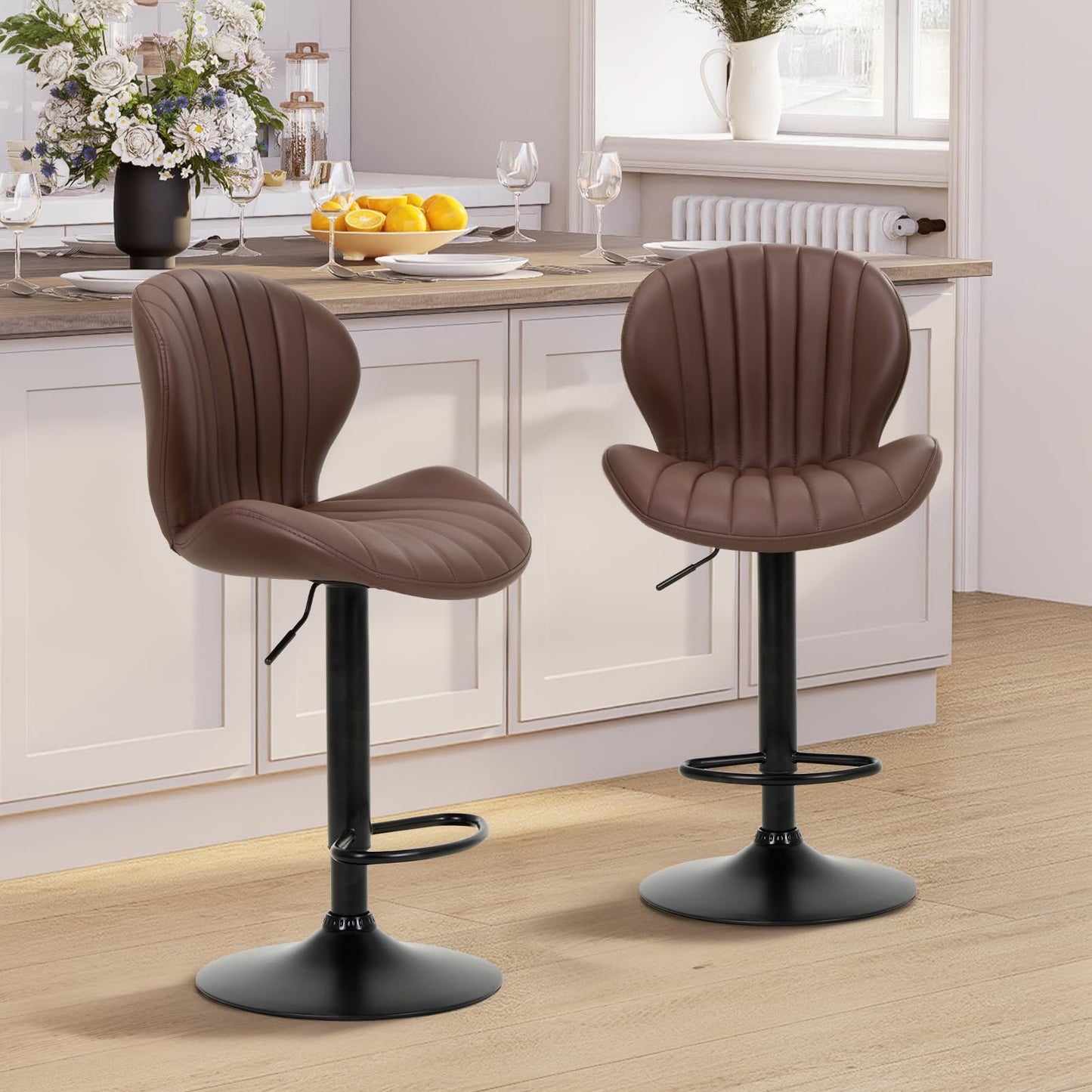 COLAMY Breakfast Bar Stools Set of 2, Modern Swivel Kitchen Bar Chairs, Adjustable PU Leather Upholstered Barstools Counter Height with High Backrest