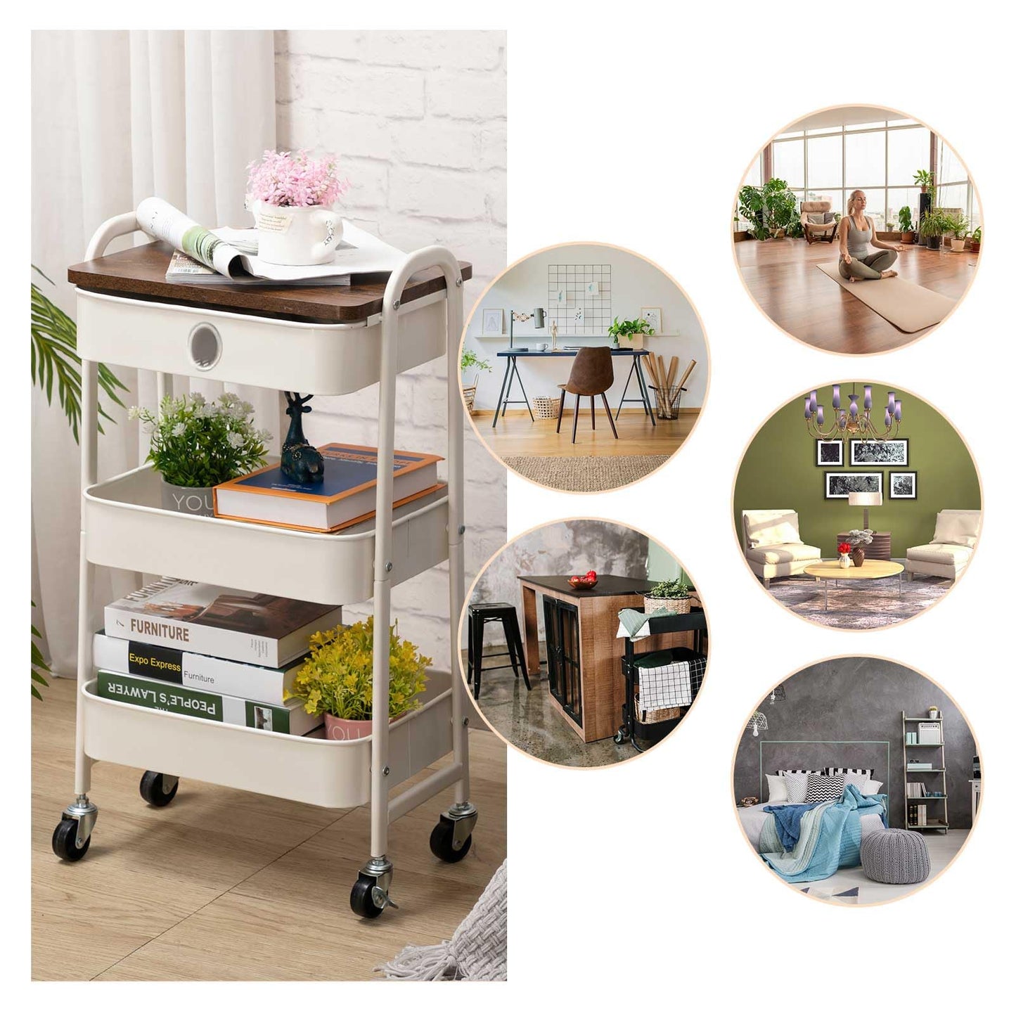 DOEWORKS Storage Trolley on Wheels Metal 3-Tier Rolling Trolley with Drawer