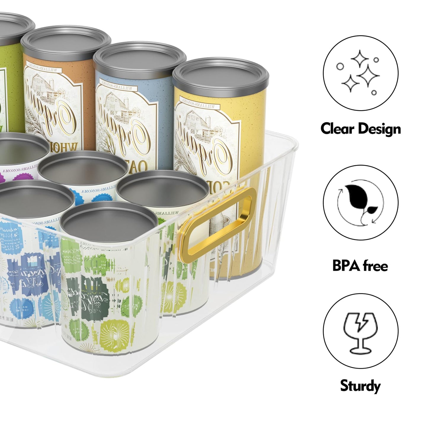 Lasbily 4 Packs Clear Plastic Storage Bins with Handle, Pantry Organiser Containers for Kitchen Cupboard, Fridge, Cabinets, Bathroom