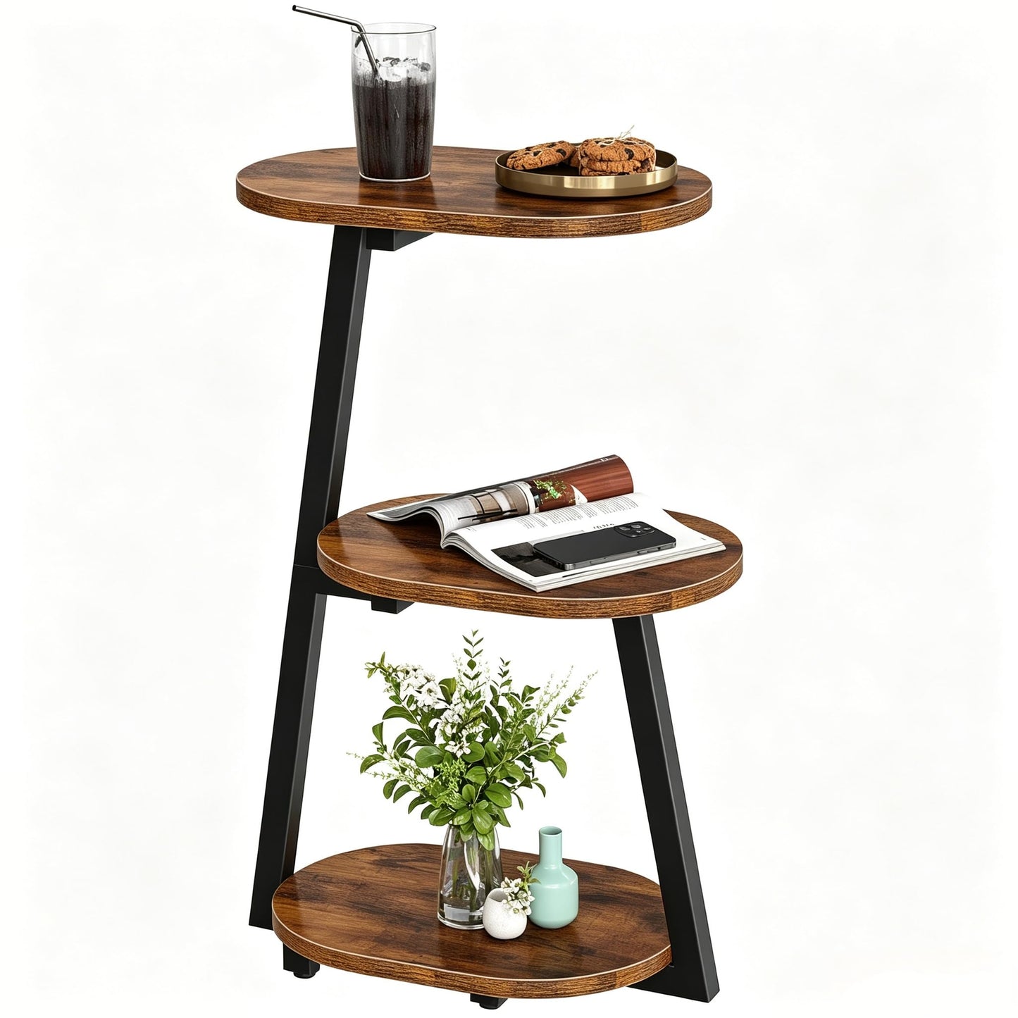 HOOBRO Side Table, Small Coffee Table with Storage Shelves, 3-Tier Oval Sofa Table Bedside Table for Small Space