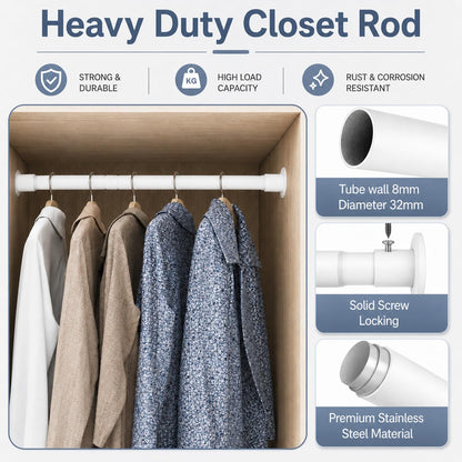 Wardrobe Rail to Hang Clothes, Wardrobe Pole Extendable Clothes Rail for Clothes, Bedroom,Windows and Showers, 68-110CM/Diameter 32MM，White