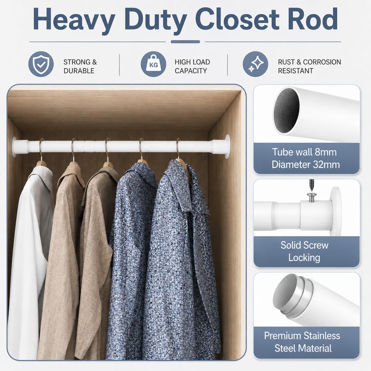 Wardrobe Pole, Wardrobe Rail Adjustable Clothes Rail with Screws and Sockets, Hanging Rod for Wardrobe and Bedroom, 85-235CM/Diameter 32MM，White