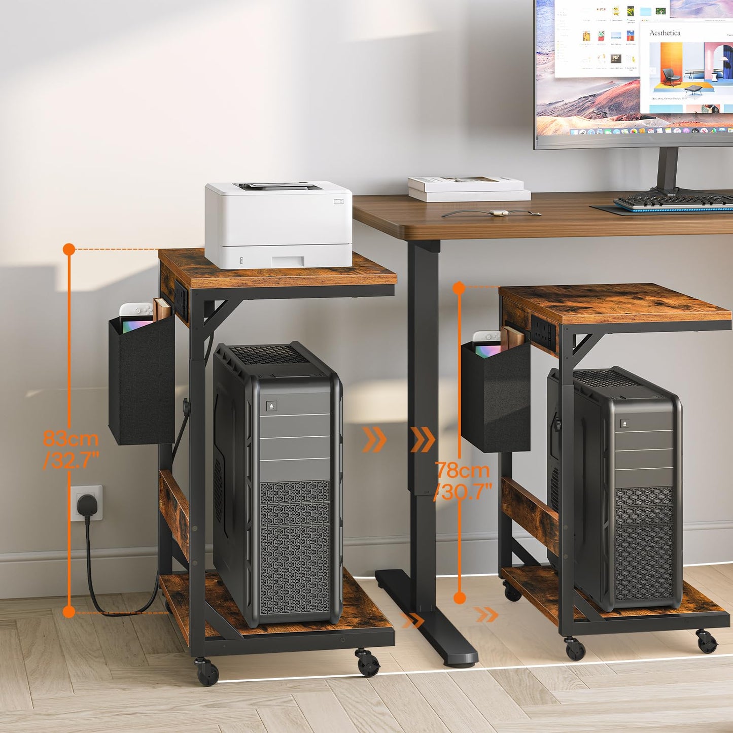 HOOBRO Computer Tower Stand, Printer Stand with Charging Station on Wheels, Height Adjustable PC Stand with 2 Hooks and 1 Fabric Pocket