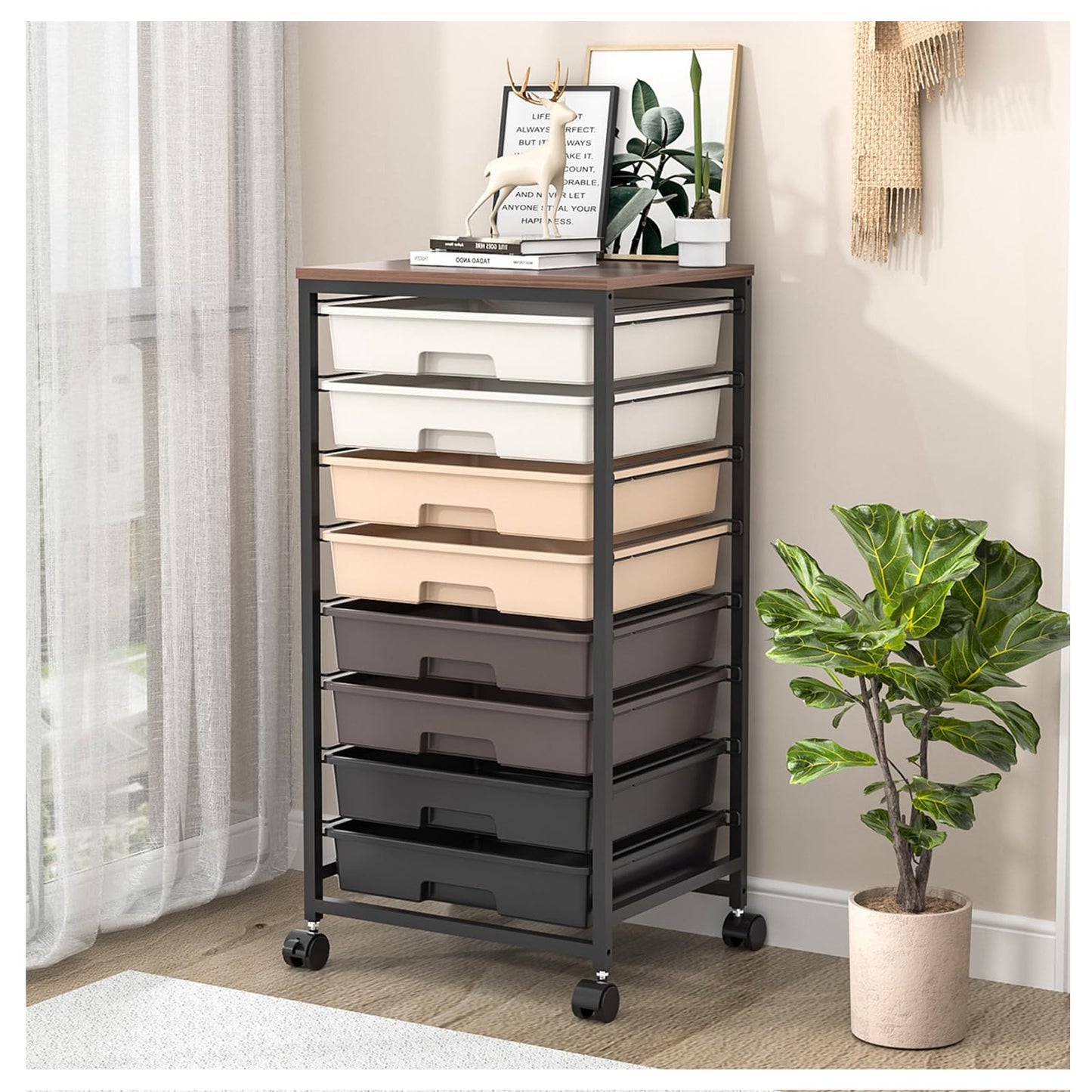SYKIARIOL 8-Drawer Storage Trolley Rolling Cart with Lockable Wheels, Brown