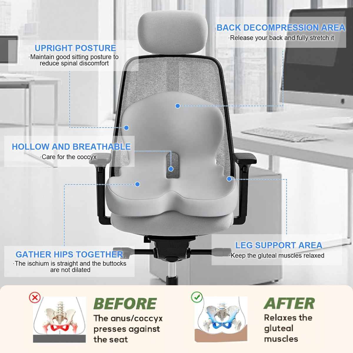Gresonic Ergonomic Memory Foam Seat Cushion, For Office, Car, Gaming & Dining Chairs, Sciatica, Tailbone & Coccyx Pain Relief