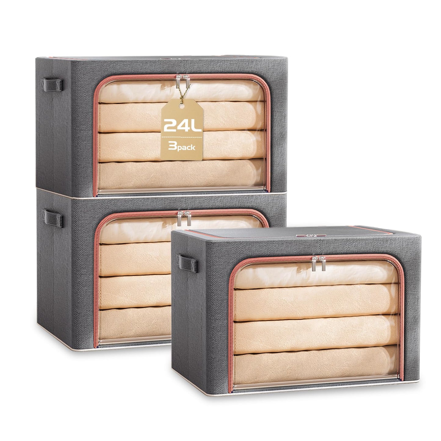 Storage Boxes Organiser, 24L Clothes Storage Boxes with Metal Frame＆Top and Front Opening Zip with Clear Window,Fabric Foldable Storage Boxes