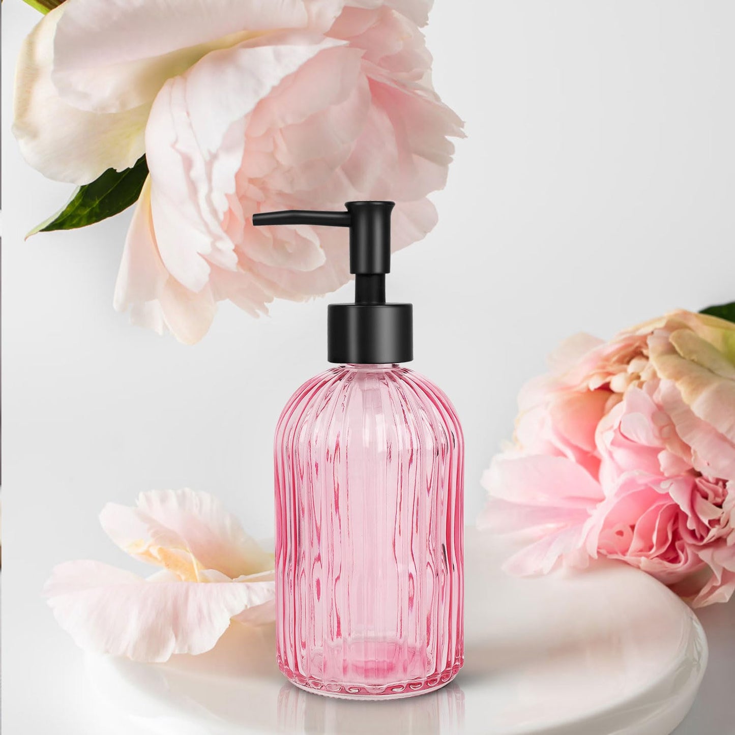 Topsky Glass Soap Dispenser with Black Rustproof Plastic Pump, 400ml Pink