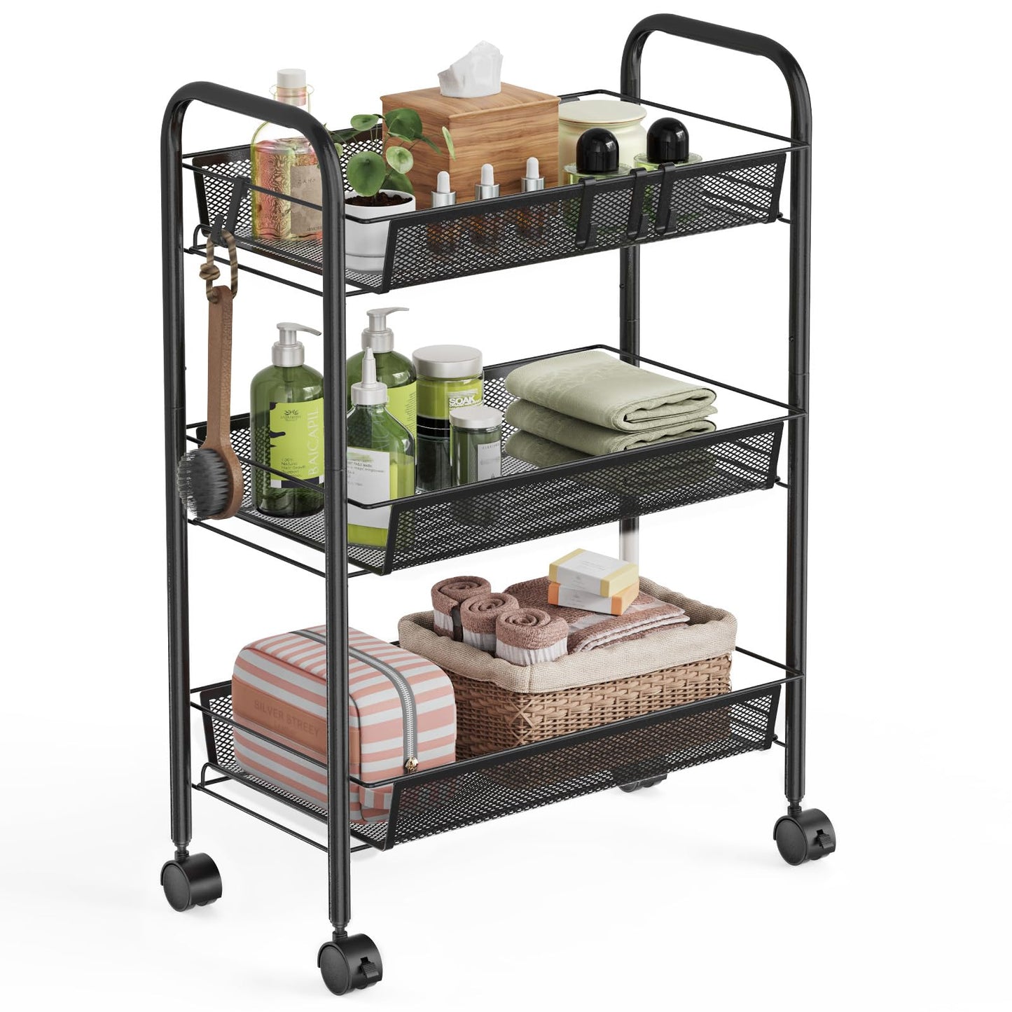 WELDUN 3-Tier Storage Trolley, Meatl Rolling Cart, Mesh Storage Cart Black