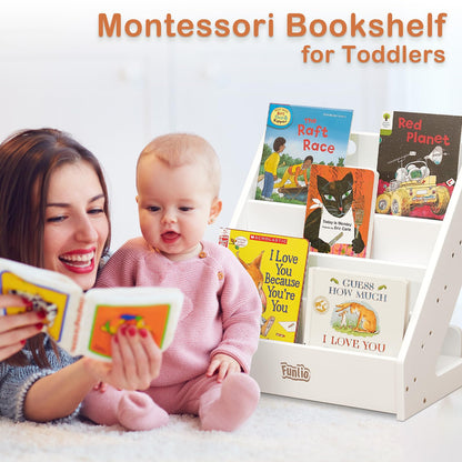 FUNLIO Montessori Kids Bookshelf for 1-5 Years, Premium Pine Childrens Bookcase with Anti-Tilting Device & Handle